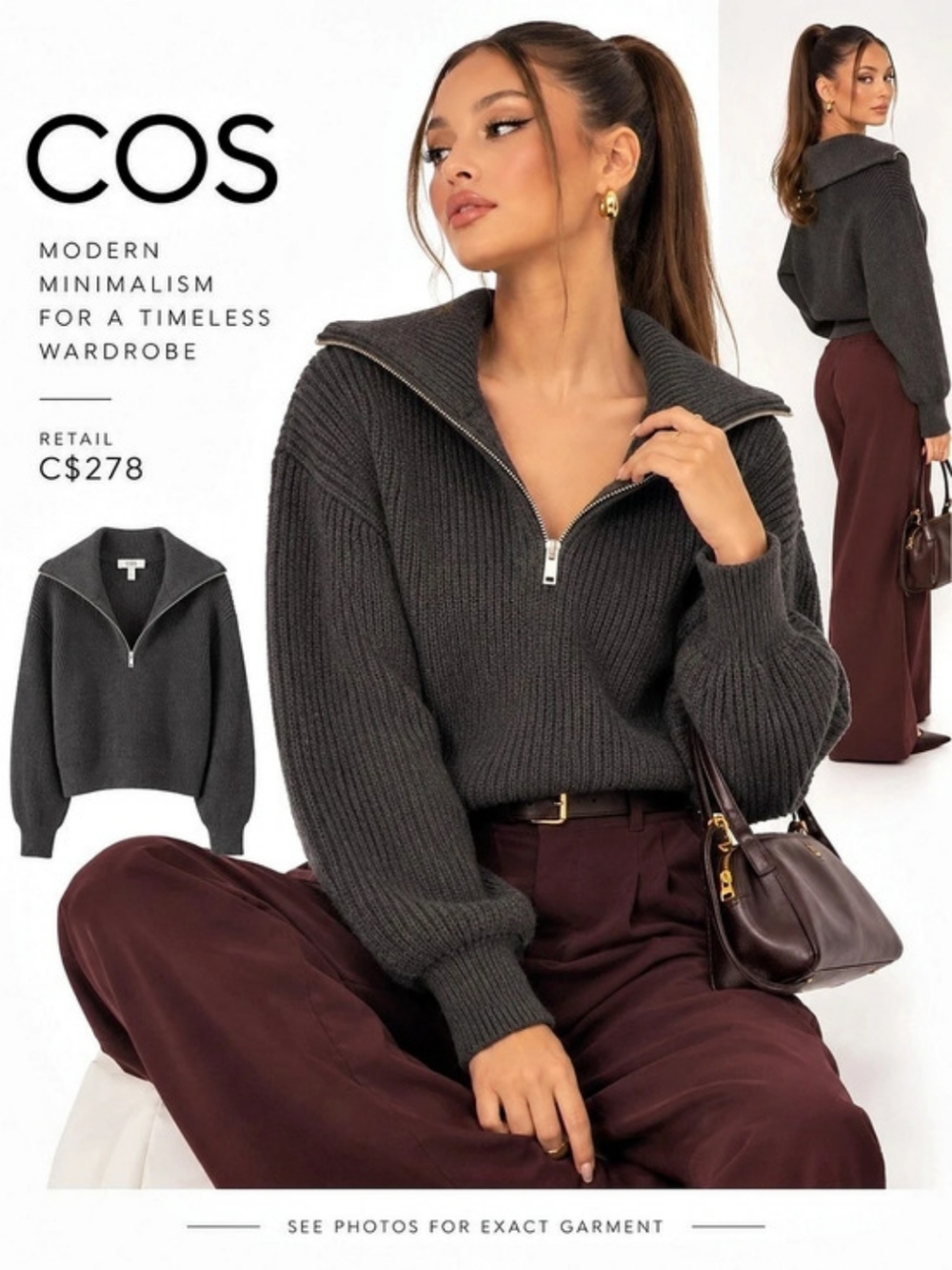 COS Knitted Sweater Gray XS Zipper Quiet Luxury Minimalist Clean Girl